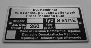Typenschild Simson S51/1E Plakette 260kg IFA VEB, blanko - Bild 1 von 1