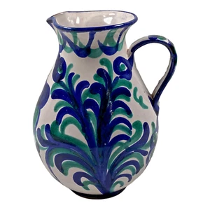 Handmade Pitcher With Handle Hand Thrown Clay Hand Painted Blue White Green - Bild 1 von 12