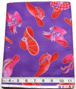 Red Hat Society On Purple BTY Marcus Brother Cotton Sew Quilt Fabric Gold Accent - Picture 1 of 2
