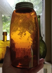 AMBER MASON'S PATENT NOV.30TH 1858 FRUIT JAR 1/2 GALLON 1970s REPRO WITH LID - Picture 1 of 16