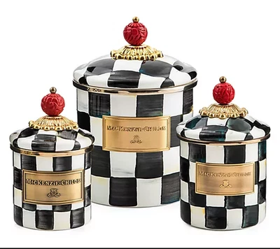 MACKENZIE-CHILDS MacKenzie- Childs Set of 3 Enamel Canisters, Mini Demi and Small-Courtly Check