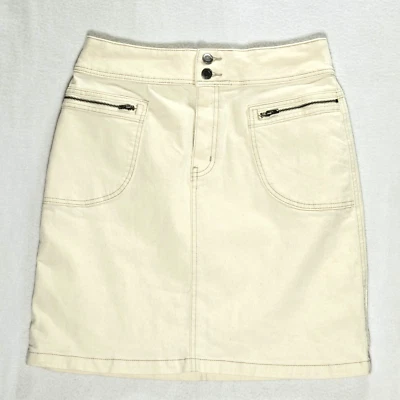 Saia Prana Feminina Tamanho 8 Jeans Elástico Marfim Bolsos Zíper Mistura de Algodão Orgânico - Imagem 1 de 4