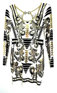 VA VA VOOM BACKLESS LONG SLEEVE WHITE GOLD BLACK DRESS LARGE L 14 16 - Picture 1 of 6