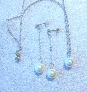 Conjunto de joyas de plata cadena de perlas blancas colgante pendientes cadena perla plateada - Imagen 1 de 11