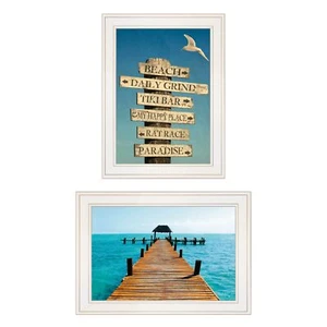 Set Of Two Beach Nautical White Framed Print Wall Art - Picture 1 of 1