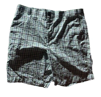 Shorts de golfe Oxford tamanho 38 xadrez poliéster zíper botões bolsos costura interna 10” **A - Imagem 1 de 4