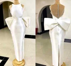 Elegant Wedding Dresses Satin Floor Length O-Neck Column Slit Big Bow BridalGown - Picture 1 of 8
