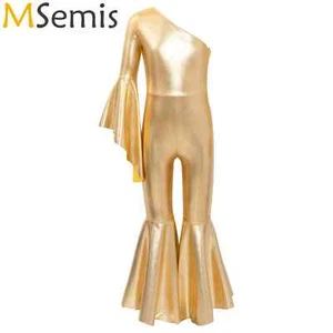 Kids Girls Metallic Shiny Bell-Bottom Dance Jumpsuit Ballet Jazz Dance Costumes - Picture 1 of 31
