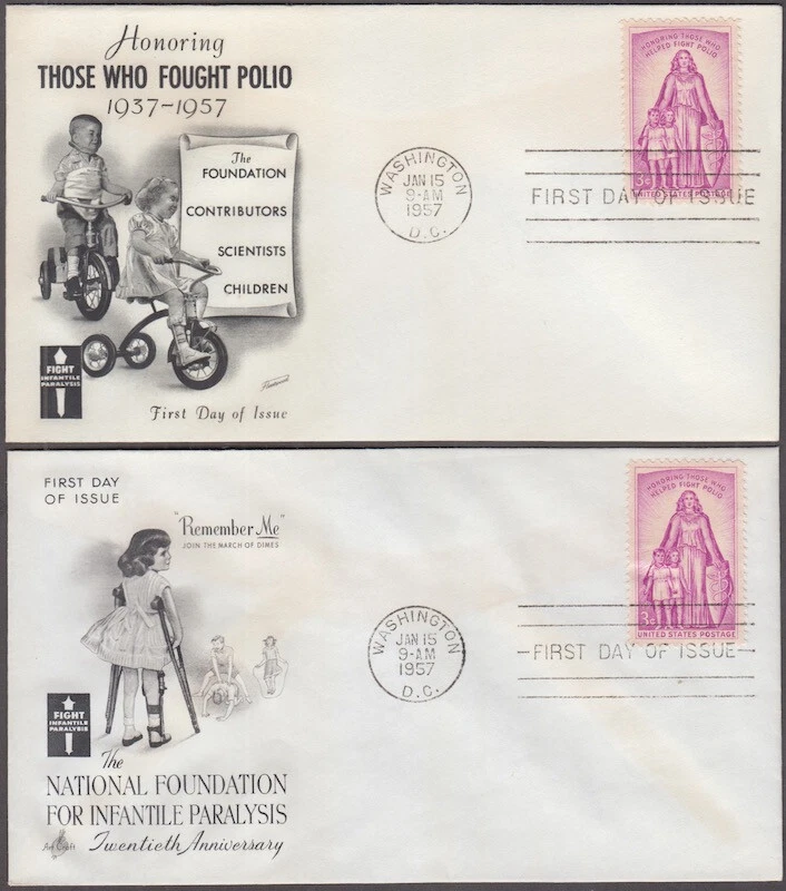 USA # 1087.1 SET of 2 DIFF FDC CACHETS - HONOURING THOSE who HELPED FIGHT POLIO - Image 1 of 1