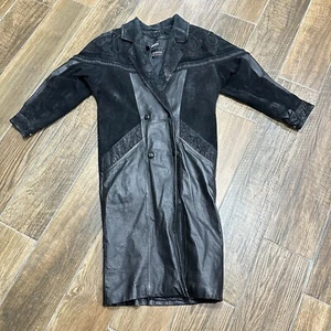 VTG Wilsons Leather Trench Coat Womens XS Black Long Western Retro Zip Lined* - Picture 1 of 18