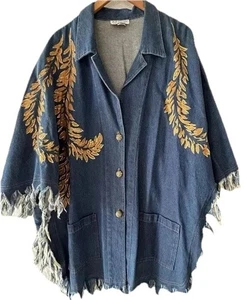 Vtg Denim Poncho XL Fringe Paint Western Horsegirl Boho Dolly Art Nashville - Picture 1 of 18