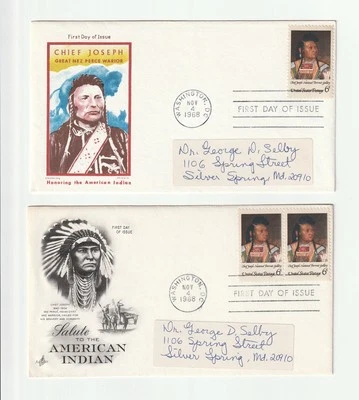 (2) 1968 US American Indian Chief Joseph First Day Issue Cover Cachets Envelopes - Image 1 of 2