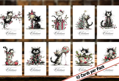 SNAPHAPPY MAGNETS Whimsical Cat Handmade Christmas Cards With Envelopes, 10 Cards Per Pack