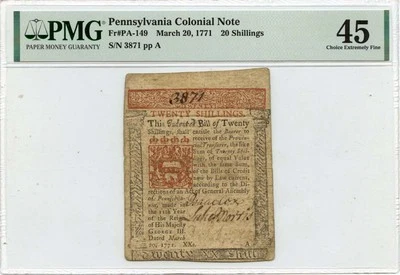 1771 March 20, 20s Pennsylvania Colonial Note FR#PA-149 PMG XF45 - Image 1 of 2