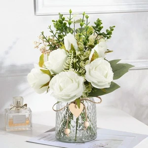 Artificial Flowers with Vase Faux Silk Roses Fake Flowers in Vase for Centerp... - Picture 1 of 6