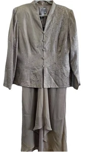 Adrianna Papell Vintage 80s 90s Beige Silk Formal Blazer & Skirt Suit Set sz 16 - Picture 1 of 22