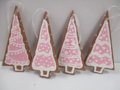 Conjunto de 4 enfeites de Natal de biscoito de árvore de gengibre rosa, espuma feita à mão (D) - Imagem 1 de 4