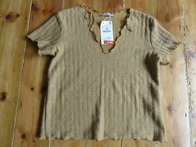 ZARA BNWT OCHRE & SILVER GLITTER TEXTURE 70'S RETRO STYLE SHORT SLEEVE TOP UK 14 - Image 1 of 4
