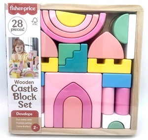 fisher-price Wooden Castle Blocks Set Pink Pastel 28 Wood Block Pieces NEW - Picture 1 of 6