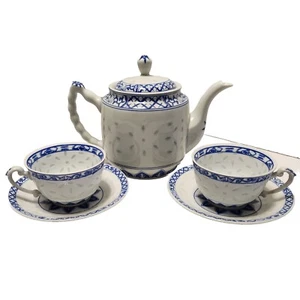 6 Pc Lot Set VTG Rice Eyes Asian Teapot Lid 2 Cups & 2 Saucers TRANSLUCENT Japan - Picture 1 of 17