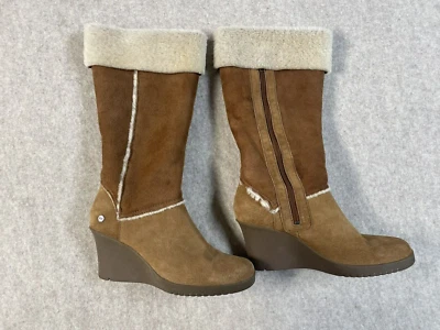 UGG Sandra 及膝高坡跟靴女式 9 棕色皮革剪绒衬里折叠 — 第 1/4 张图片