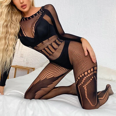 DE iEFiEL Damen Netz Bodystockings Langarm Transparent Ganzkörperstrumpf Catsuit - Bild 1 von 4