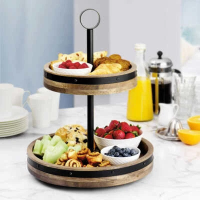 Mikasa, 2-Tier Lazy Susan w Burnished Iron Band Accent + Mango Wood - Image 1 of 4