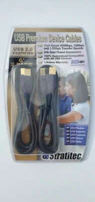 Stratitec USB Premium Device Cables - 6' - 2 Pack -  New in Package - USB 2.0  - Image 1 of 4