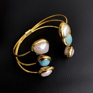 Cultured freshwater White Pearl Green Amazonite Bangle Bracelet - Picture 1 of 6