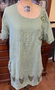 Blue Fish 100% Linen Screen Printed Dress Green Size 1 - Picture 1 of 6