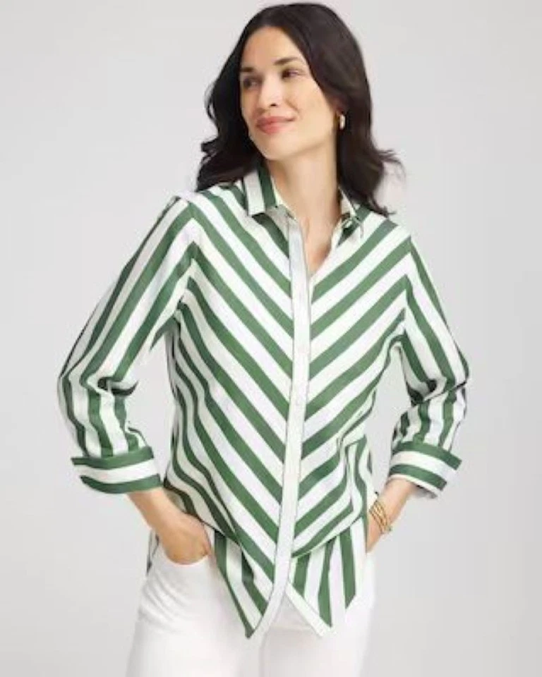 CHICO'S No Iron  Slimming Striped Shirt PALM GREEN SIZE SMALL NWT - Image 1 of 1