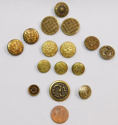 15 Antique Gold Tone Metal Design Shank Buttons Up To 7/8" 5 Pair 5 Singles Vtg - Image 1 of 4
