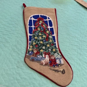 Needlepoint Christmas Stocking Christmas Tree Presents Window - Picture 1 of 12