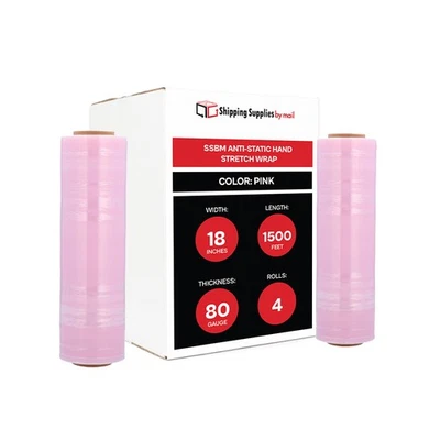 4 Rolls 18"x1500' Anti-Stat Stretch Hand Film Shrink Wrap (80 Gauge) Tint Pink - Image 1 of 4