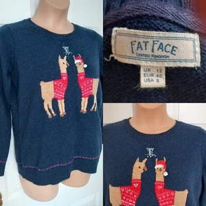 Fat Face Christmas Jumper UK 12 Navy Cotton Wool Blend Llamas Design - Picture 1 of 11