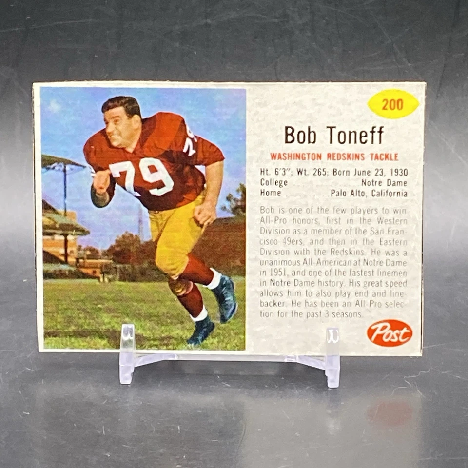 1962 Post Cereal #200 Bob Toneff  Washington Redskins Vintage Football Card - Image 1 of 2