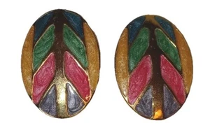 Vintage Earrings Oval Shaped Enamel Goldtone Pierced Retro 80s Glam - Picture 1 of 5