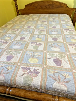 Vintage Woven Tapestry Bedspread – Floral Vase Pattern – Reversible – 72” x 80” - Image 1 of 4