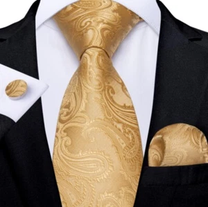 Gold Paisley Krawatte Set (mit Einstecktuch und Manschettenknöpfen) - Bild 1 von 1