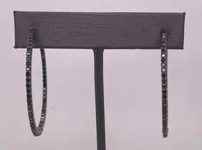 14K White Gold 2.53ctw Natural Brilliant Black Diamond Thin Hoop Earrings - Image 1 of 4