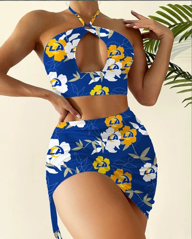 Los Angeles Rams 2PCS Halter Cutout Bikini Set Bathing Suit Skirt Swimsuits Gift Cover