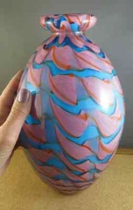 Große schwere 11,5x6,5 MURANO mundgeblasene blau rosa Wirbel Kunst Glas Vase neu stabil RAR - Bild 1 von 9