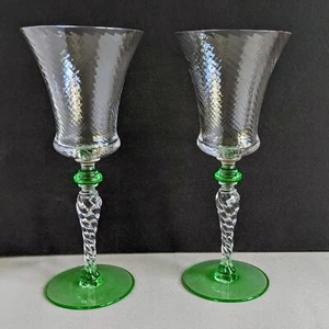 2 TIFFIN 15022 SPIRAL OPTIC Water Goblet 8 oz Green Wafer & Foot Glows Blk Lite - Picture 1 of 12