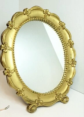 Vintage Syroco Oval Mirror for Vanity or Wall Gold Frame Easel Back 1943  - Image 1 of 4