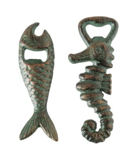 2 pz apribottiglie pesce marittimo cavalluccio marino ghisa colori oro antico b3273 - Foto 1 di 1