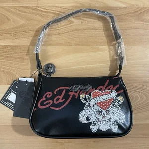 Ed Hardy Shoulder Bag Wristlet Rhinestone Skull Hearts w Bag Charm Black New - Picture 1 of 8