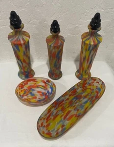Vintage Czech Bohemian Spatter Art Glass 5-Piece Vanity Set Multi-Color - Picture 1 of 6
