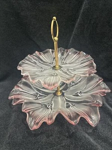 Pink Art Glass Tulip Flower 2 Tier Cake Stand - Picture 1 of 9