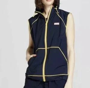 Hunter Vest Jacket Navy Blue Yellow Size Medium Rain Sleeveless Hood Zip Toggle - Picture 1 of 3
