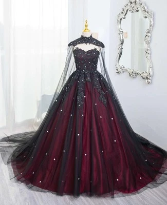 Gothic schwarz-rot glänzende Brautkleider mit Cape Vintage Perlen Brautkleider - Bild 1 von 4